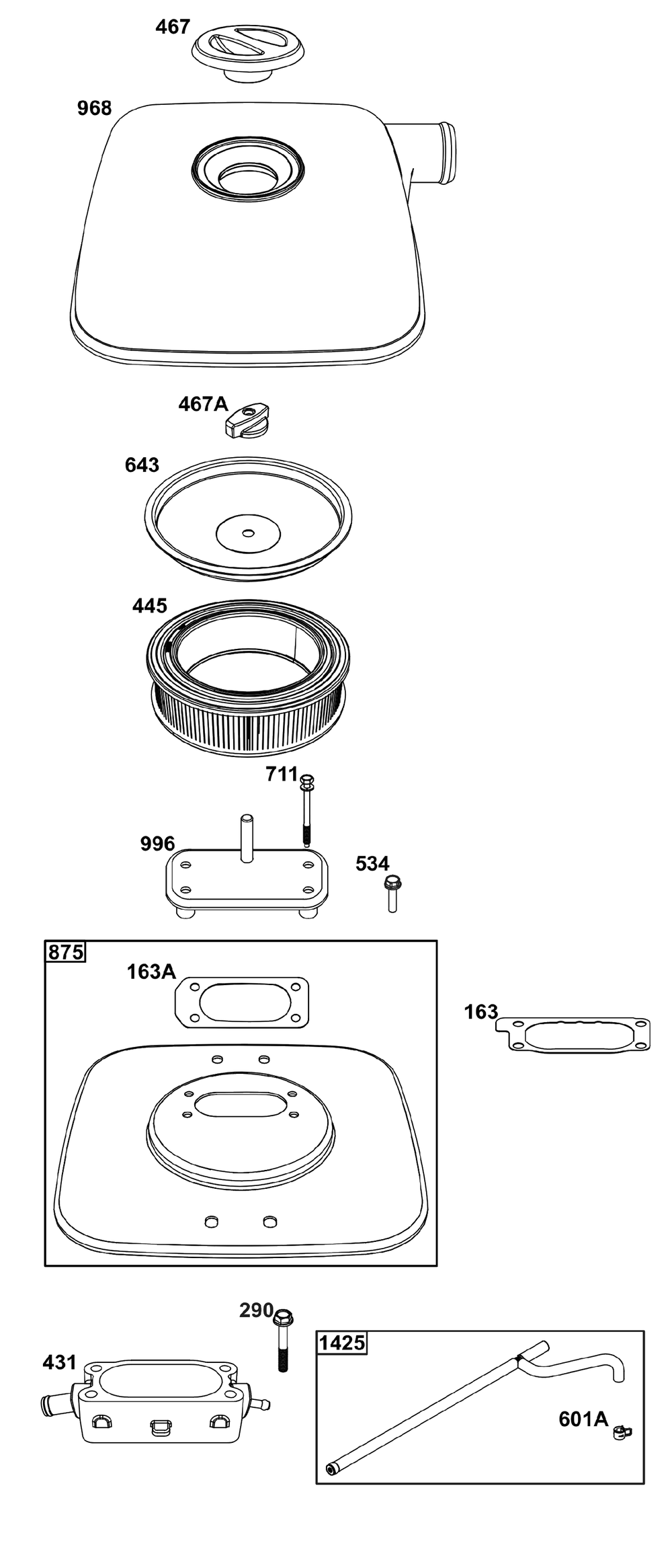 Air Cleaner Group Diagram and Parts List for 61E477-0015-J1 400000 - 699999 Briggs and Stratton Engine